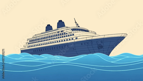 A blue and white cruise ship sails on wavy blue ocean under a pale yellow sky