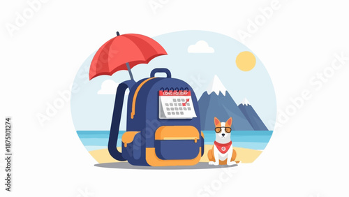 A blue backpack, red umbrella, and a dog sit on a beach near mountains and the ocean