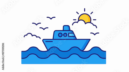 A blue boat sails on wavy blue water under a sunny sky with clouds and birds