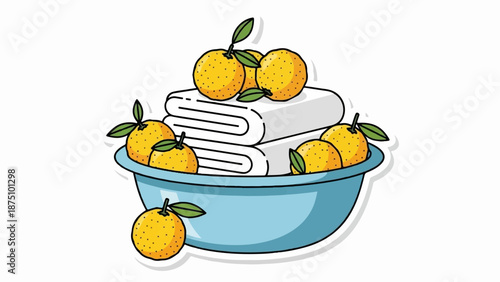 A blue bowl overflows with ripe oranges and stacked white towels