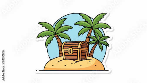 Treasure chest on a sandy island with palm trees under a blue sky
