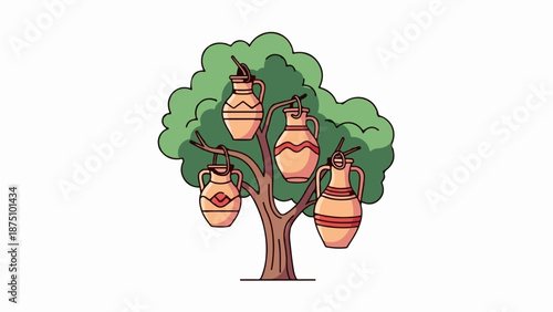 Tree with clay amphorae hanging from branches