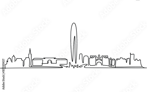 city skyline with tall buildings and skyscrapers in a simple line drawing style