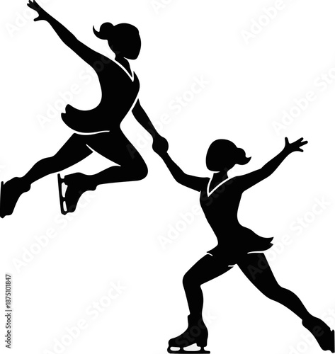 Two figures ice skating in unison, one leaps while the other balances