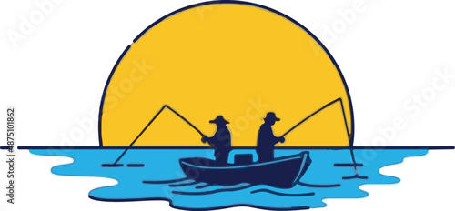 Two figures in a boat fishing at sunset