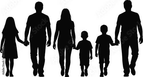 Family walking silhouette illustration showing parents and children holding hands, black human figures set representing togetherness, parenting, protection, unity and family lifestyle concept