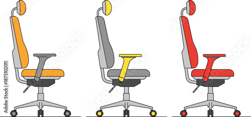 Ergonomic office chair illustration set in different colors, adjustable swivel workplace seating design with headrest, armrests and wheels for modern workspace