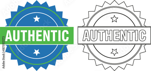 Authentic certification badge design with star seal emblem, colorful and outline versions, quality guarantee label for products, branding, trust marks and verification use