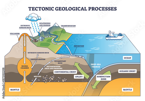 Tectonic geology processes schematic showing plate subduction, magma chamber, and uplift, arrows map rock cycle from erosion to volcanism. Outline diagram