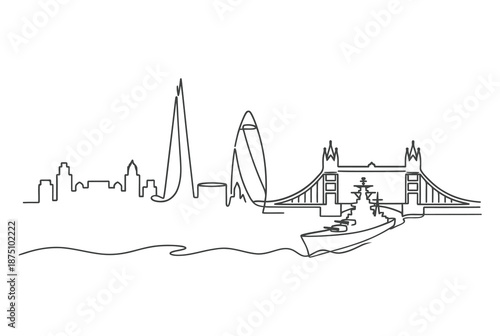 one line drawing of a city skyline with a bridge and a ship
