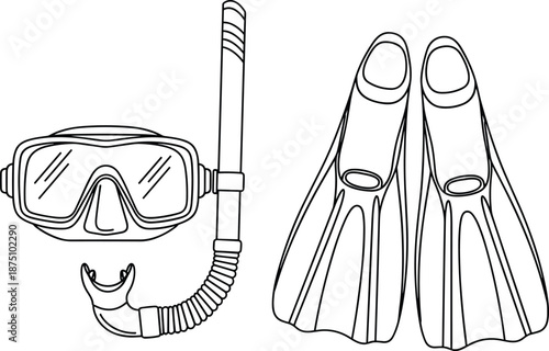 Snorkeling mask, snorkel tube and swim fins line illustration set, minimalist underwater diving equipment outline vector for travel, sport, marine activity design