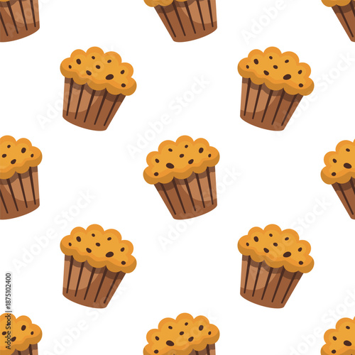 Cupcake with chocolate chips seamless pattern on white background. Hand drawn Cartoon vector muffin illustration
