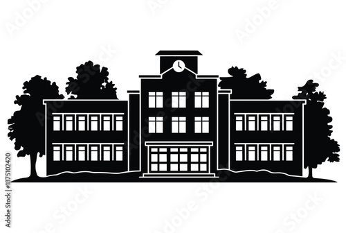 a large building with a clock tower and trees