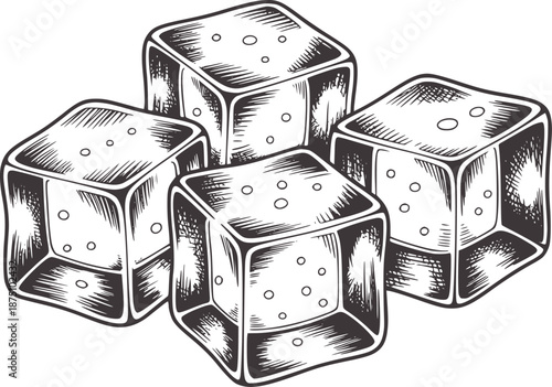 Four hand drawn black and ice cubes with bubbles frozen drink beverage