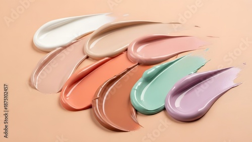 Various colored cream samples on a peach background for cosmetic product display