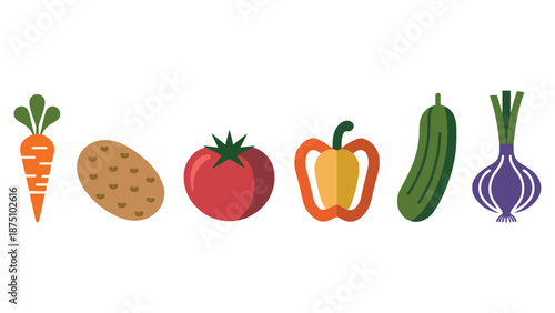 A colorful illustration of various vegetables on a white background