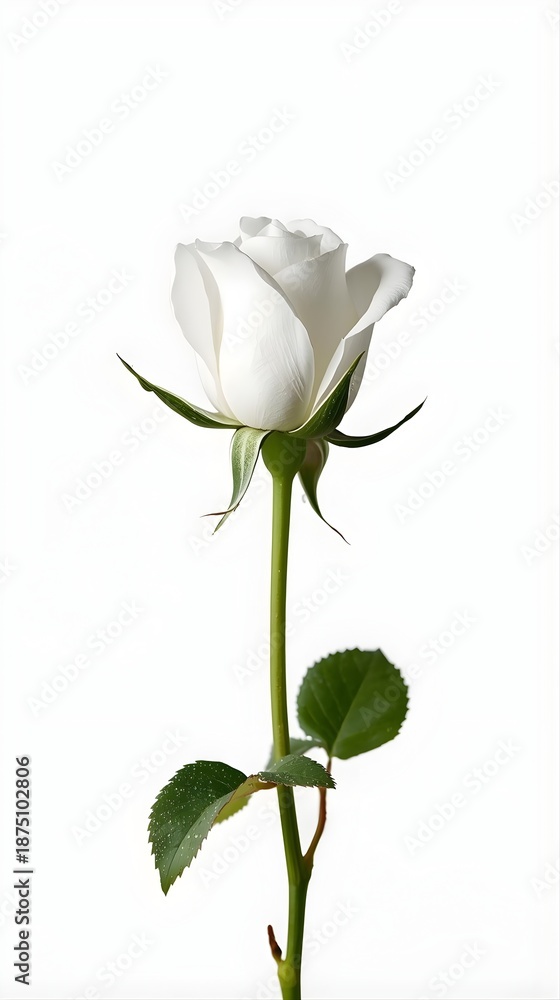 Obraz premium Single White Rosebud Isolated on White Background, Elegant Minimal Floral Stock Photo