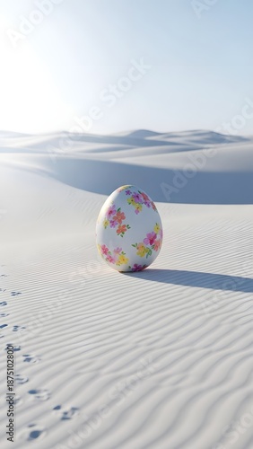 A white ball with colorful flowers sitting on sand dunes