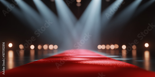 A striking red carpet runway under dramatic spotlights