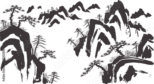 Traditional Chinese ink painting of misty mountains and pine trees with flying birds