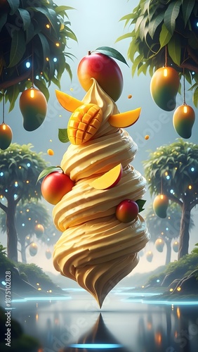 A swirl of creamy ice cream topped with mango slices and fruits