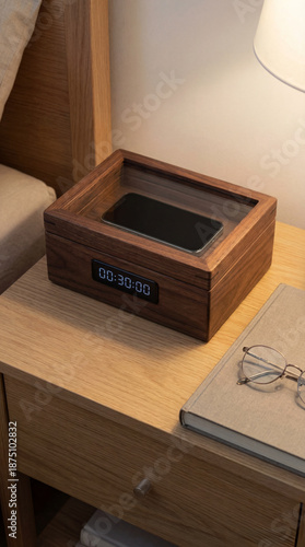 Wooden smartphone lock box with timer on nightstand next to lamp and book. Digital detox device concept for limiting screen time and improving sleep hygiene.