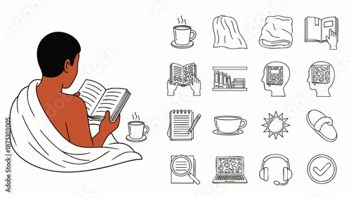 Thoughtful person in white garment reading a book, accompanied by a diverse collection of line art icons symbolizing knowledge, relaxation, and modern daily activities.