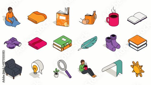 Isometric vector set illustrating cozy home reading, relaxation, and learning activities, including people, books, blankets, hot beverages, and comfort items.