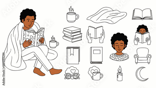 Cozy reading at home with a blanket and hot drink, surrounded by books and comfort items, perfect for relaxation and quiet time. Vector illustration.