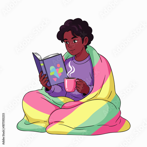 Cozy person with dark skin reading a book and enjoying a hot drink, wrapped in a vibrant striped blanket, depicting comfort and relaxation.