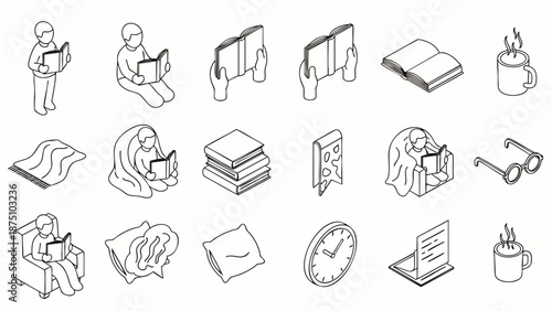 Isometric line art icons for cozy reading, learning, and relaxation. Collection includes people with books, blankets, hot drinks, and study elements.