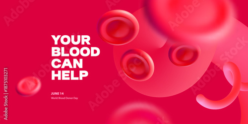 Abstract blood red cells background. World Blood Donor Day. 3D realistic vector illustration. Healthcare, hospital, clinic, laboratory, emergency design concept