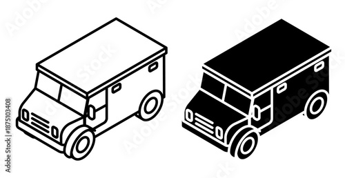 Linear isometric icon. Bank cash in transit vehicle with armored glass and wheels. Simple vector isolated on white background