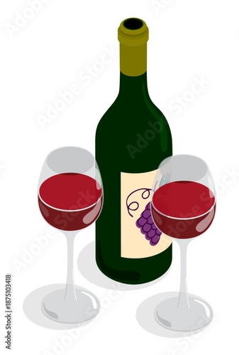 Open bottle of expensive wine and two filled crystal glasses. Cartoon 3D vector isolated on white background
