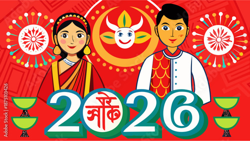 Pohela Boishakh 2026 Bengali New Year Celebration Vector Illustration Featuring Traditional Couple in Red and White Attire with Alpana Patterns