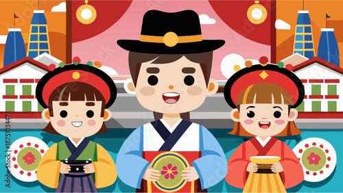 Elegant Korean Traditional Festival Vector Illustration with People Wearing Hanbok and Palace Background in Soft Gradient Colors