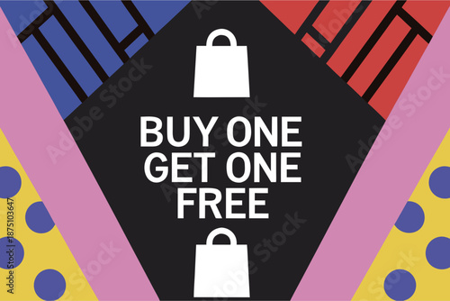 Flat vector illustration of buy one get one free offer with simple shopping icons and balanced layout for retail store marketing.