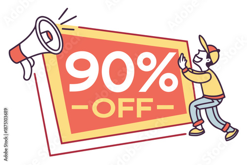 Flat vector extreme discount badge for 90% off with bold promotional style and bright colors for major clearance sales.