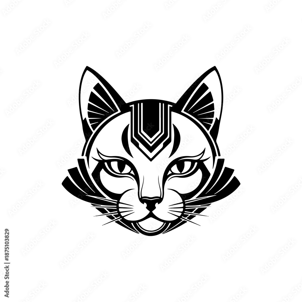Fototapeta premium Elegant Black and White Stylized Cat Head Vector Illustration. Modern Feline Face Logo Design, Abstract Geometric Pet Icon.