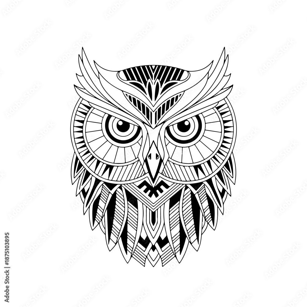 Obraz premium Stylized Geometric Owl Head Illustration - Intricate Black and White Vector Art with Tribal Patterns and Abstract Design