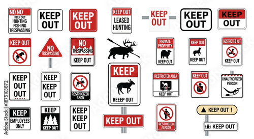 A comprehensive collection of diverse 'Keep Out' and 'No Trespassing' warning signs, clearly indicating restricted access and private property boundaries for safety and security