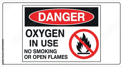 Essential Warning Signage Danger Oxygen in Use, No Smoking or Open Flames. Clear Safety Advisory for Hazardous Environments and Controlled Zones
