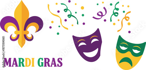 Vibrant Mardi Gras masks and fleur de lis in festive colors