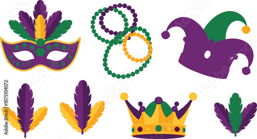 Mardi Gras colorful mask beads hat feathers crown