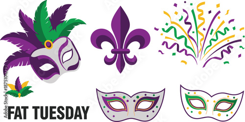 Mardi Gras masks and symbols for Fat Tuesday celebration