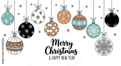 Stylish collection of festive Christmas and New Year hanging ornaments, featuring elegant minimalist designs perfect for holiday greeting cards and winter season decorations