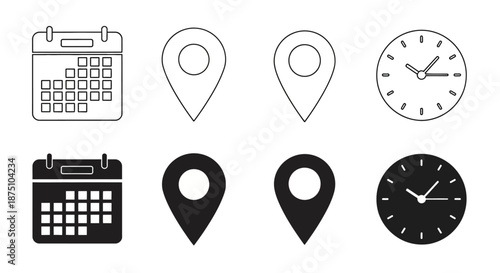 Collection of four vector icons representing a calendar, two location pins, and a clock, presented in both outline and solid fill styles for versatile design applications