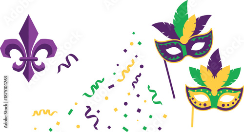 Mardi Gras masks and fleur de lis in festive colors