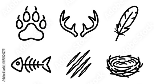 Set of stylized icons depicting nature-related elements paw print, antlers, feather, fish skeleton, claw marks, and a bird's nest, all in a clean line art style