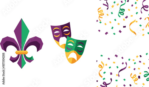 Mardi Gras masks and confetti in purple, green, and gold